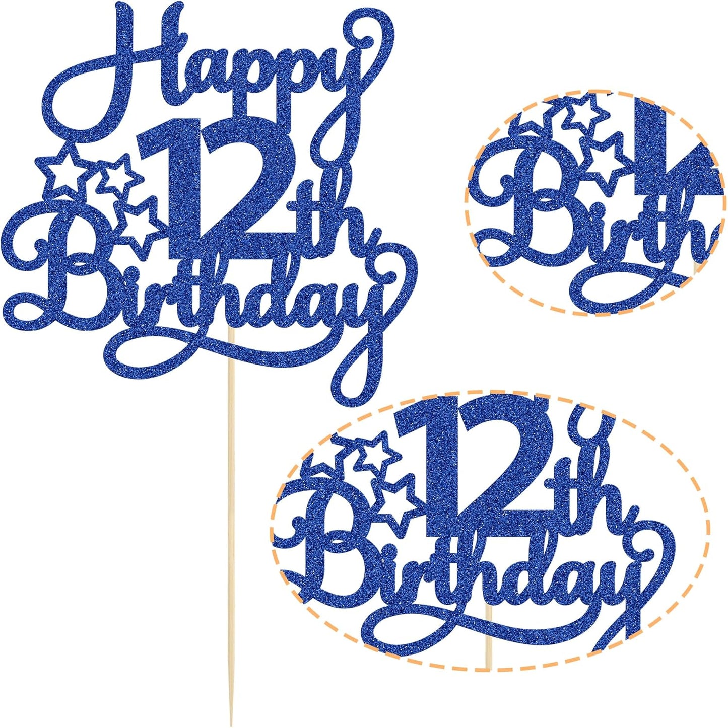 1 Pack Happy 12th Birthday Cake Topper Glitter Heart Star 12 Fabulous Cake Pick Birthday Sign Cake Decorations for Children 12th Birthday Theme Party Supplies Blue
