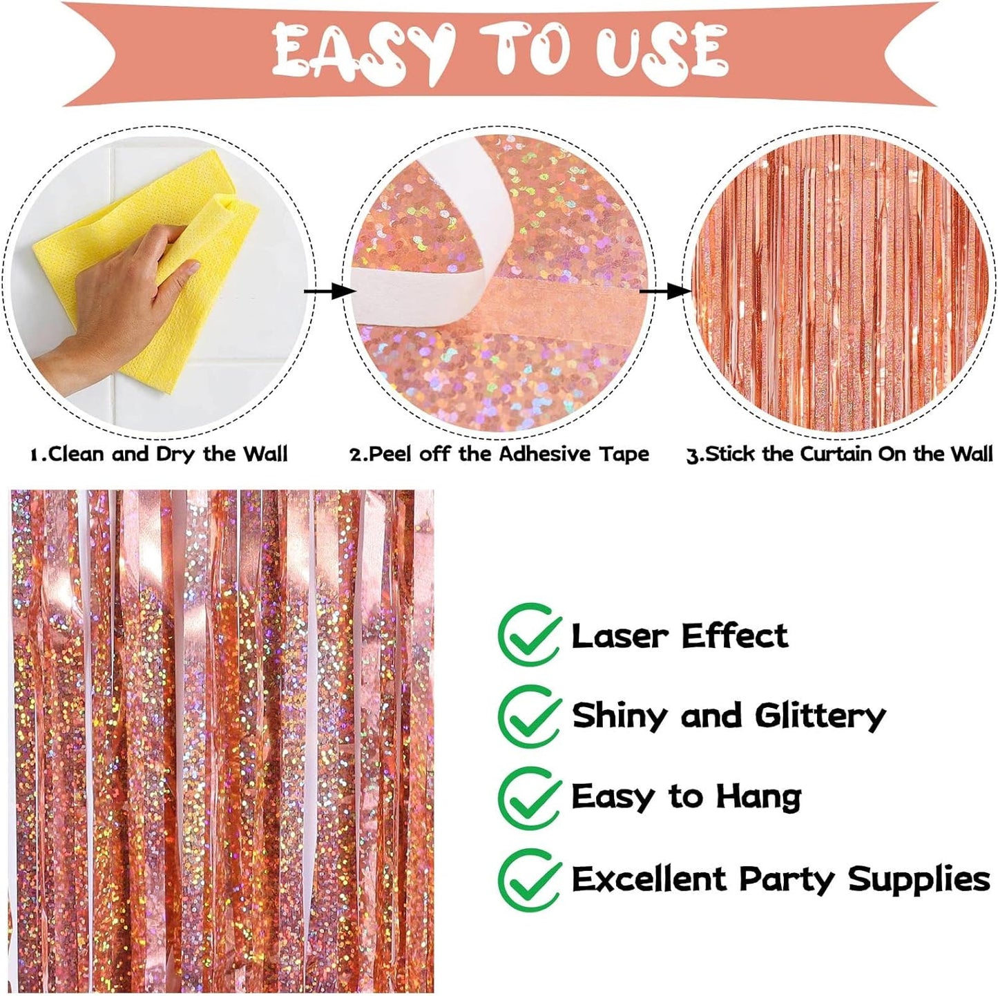 Tinsel Foil Fringe Curtain, 2 Pack Metallic Tinsel Curtain Backdrop for Party Decorations, Large Glitter Streamer Backdrop for Birthday Wedding Christmas Photo Booth (Rose Gold)