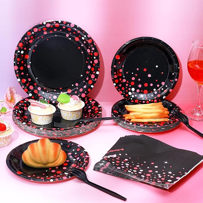 96PCS Hot Pink and Black Party Supplies Hot Pink Dots on Black Paper Plates Napkins Bachelorette Bridal Shower Party Decorations Girl Birthday Dinnerware Favor Coquette Tableware Serves 24