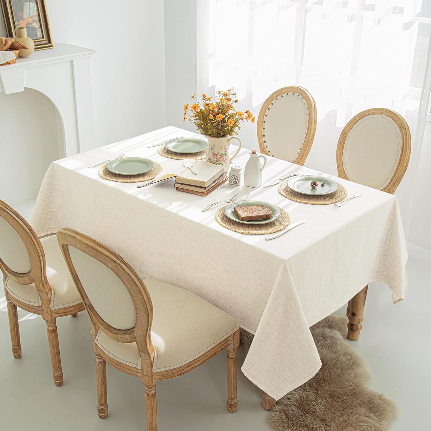 Natural Linen Textured Rectangle Tablecloth, Slubby Lightweight Table Cloth 52 x 70 Inch, Water Resistant Stain Resistant Farmhouse Burlap Table Cover for Kitchen Dining Room