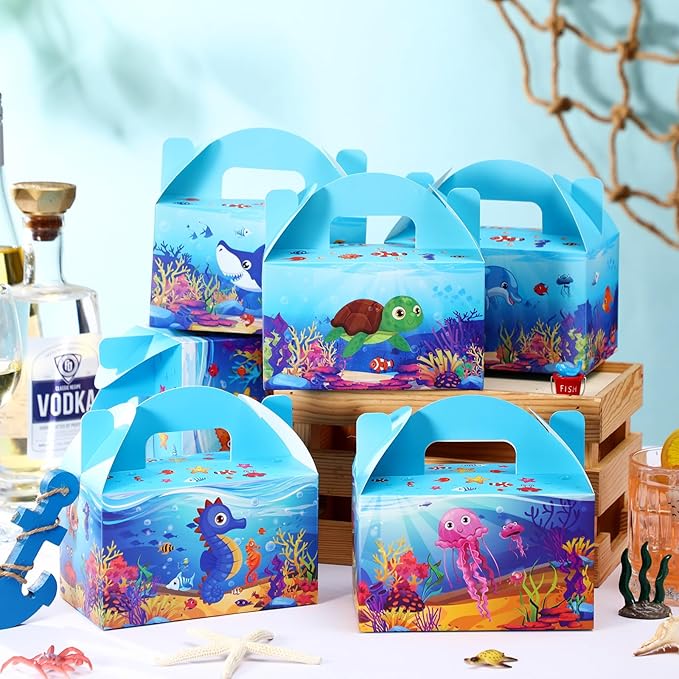 24 Pcs Under The Sea Party Favor Treat Boxes Ocean Shark Turtle Dolphin Goodie Candy Gift Boxes for Birthday Ocean Animals Party Favors Supplies