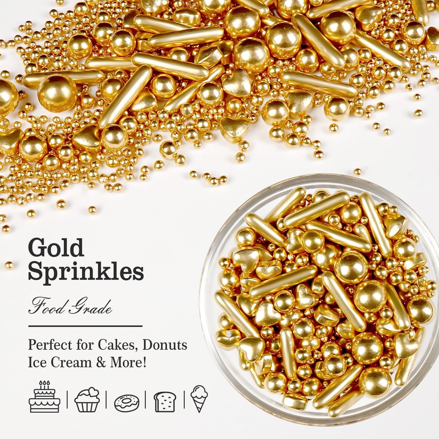 Gold Pearl Heart Sprinkles, Pearls Sprinkles For Cake Decorating, 150g/5.29oz Mix Size Sugar, Donuts, Cakes, Wedding Party, Christmas Supplies, Foodgrade Decorating, Edible Pearls