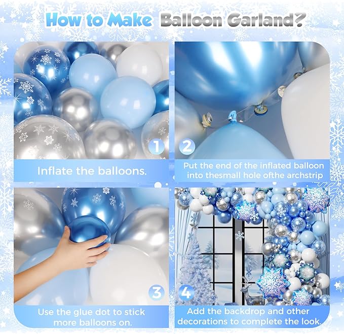 Snowflake Balloon Arch Garland Kit 182pcs, Frozen Balloon Arch Kit Silver Blue White Wonderland Balloons for Winter Wonderland Christmas Baby Shower Snow Princess Birthday Party Decorations
