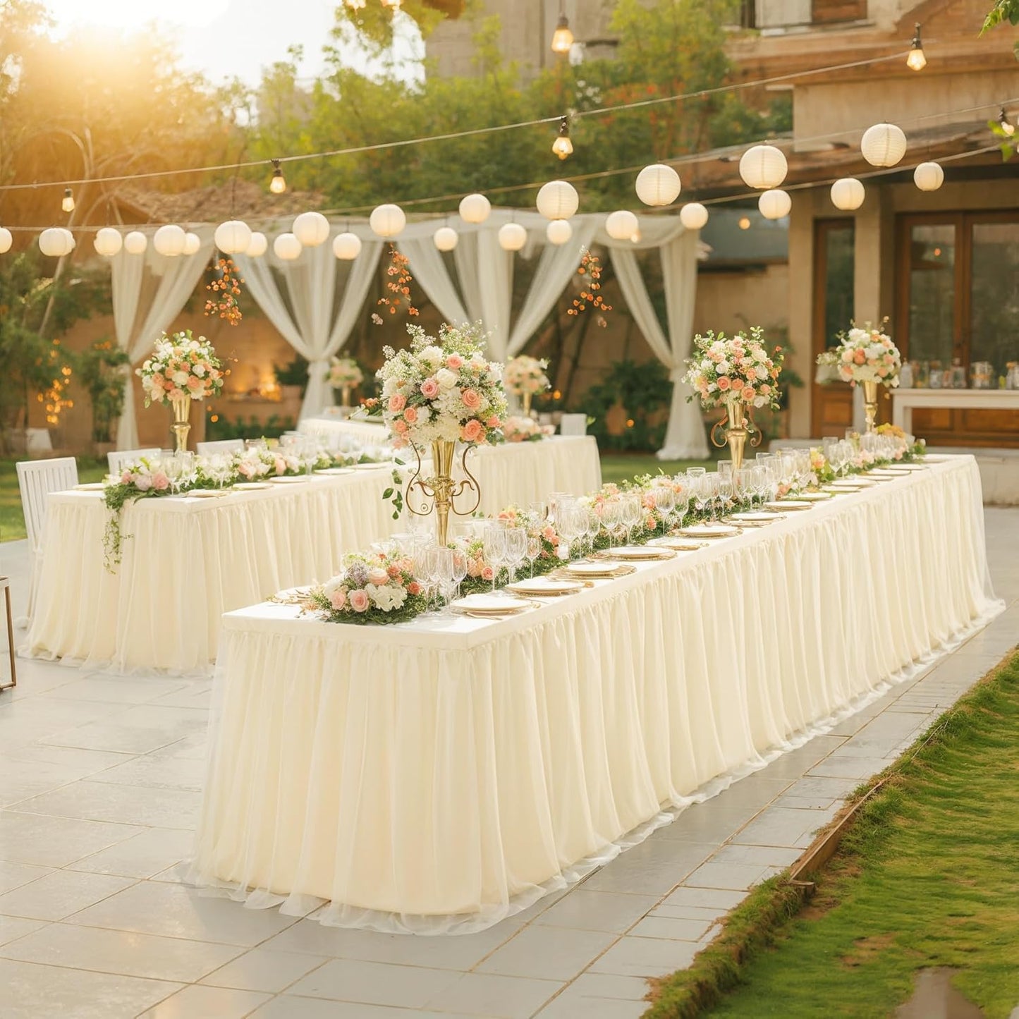 2 Pack 8ft Champagne Tulle Tablecloths for Rectangle Tables, 8 Foot Champagne Rectangular Table Cloth, Wrinkle Free Table Cover with Tutu Skirt for Wedding Birthday Party Banquet Buffet Bridal Shower