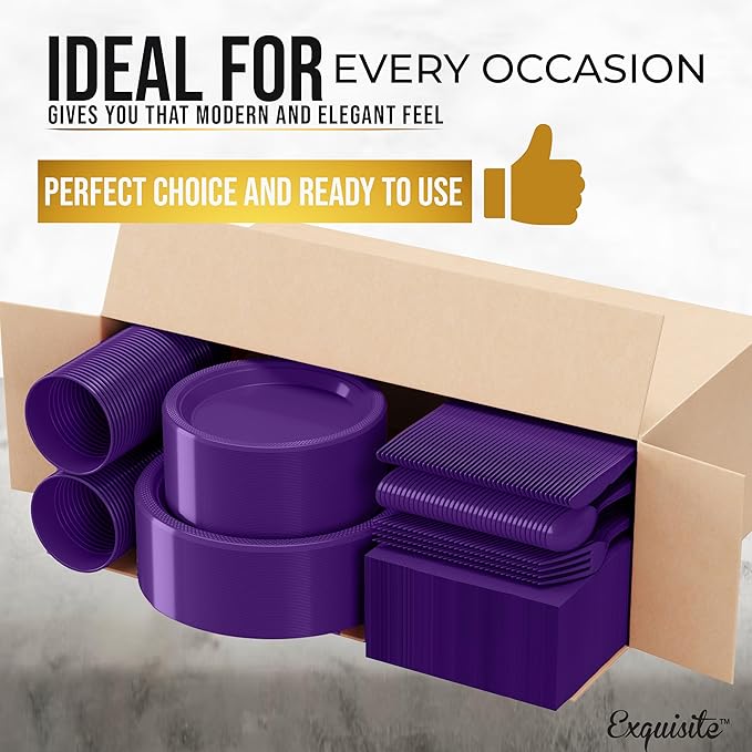 350 Pcs Purple Plastic Plates For Party, Purple Disposable Plates Set, 50 Of Each 9" Dinner Plate Set, 7" Dessert Plate, Cups, Napkins & Cutlery Plastic Dinnerware Exquisite
