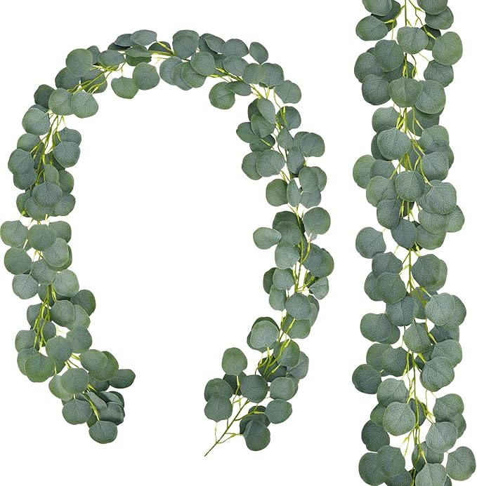 Ageomet 2 Packs Artificial Eucalyptus Garland Greenery, Faux Eucalyptus Vines Silver Dollar Eucalyptus Leaves Mantle Garland for Wedding Backdrop Fireplace Table Decor