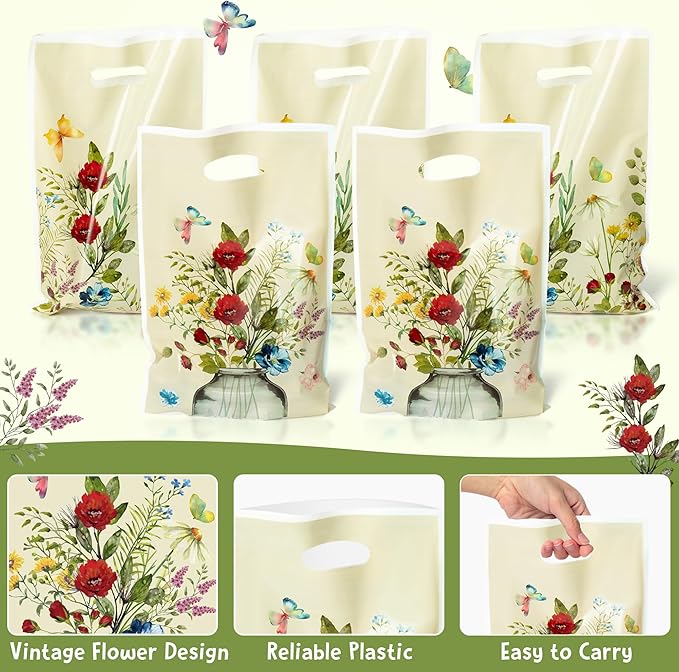 Vintage Wildflower Party Favor Bags - 50Pcs Plastic Retro Wild Flowers Candy Treat Gift Bag with Handles Butterfly Snack Goodie Gift Sacks Wedding Birthday Party Supplies Baby Shower Decor