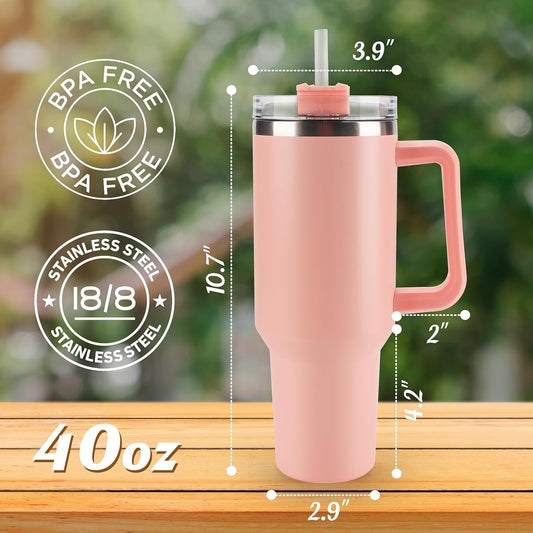 40 oz Tumbler with Handle and Straw Spill Proof Large Travel Coffee Mug Insulated Reusable Stainless Steel Cup with Lid Fit for Car Cup Holder(Pink)