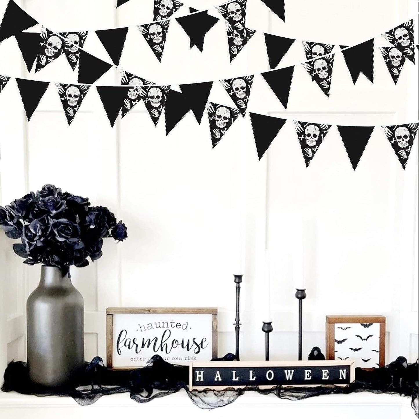 32Ft Black White Halloween Party Decorations Skull Fabric Pennant Pirate Banner Triangle Flag Bunting Garland Streamers for Halloween Pirate Birthday Jolly Roger Wedding Home Outdoor Party Supplies