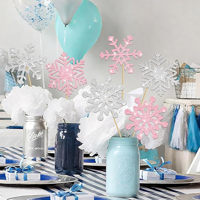 Frozen Party Snowflake Centerpiece Sticks Glitter Winter Wonderland Decorations 12PCS Snowflake Table Topper Centerpieces for Thanksgiving Christmas Birthday Party Supplies