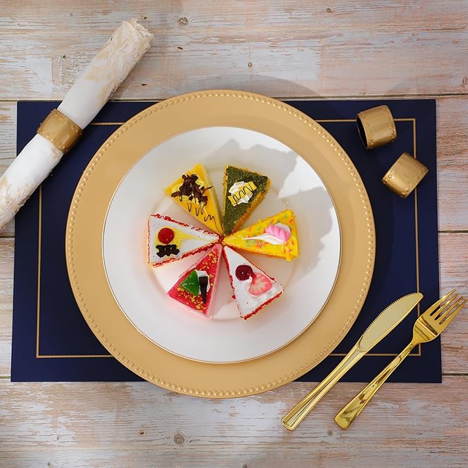 Gerrii 24 Pcs 13 Inch Gold Charger Plates Bulk with Napkin Rings Set Include 12 Pcs Plastic Beaded Charger Plates 12 Napkin Rings Round Dinner Set for Table Wedding Party
