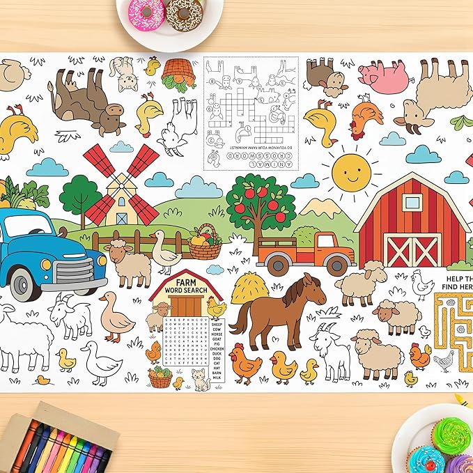 Farm Animal Party Giant Coloring Poster - Large Coloring Tablecloth Animals 31x72 Inch, Versatile Classroom Wall Decor, Birthday Activity, Farm Poster Table Cover for School Parties and Special Events