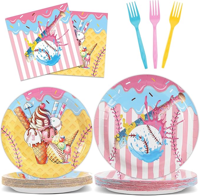96PCS Ice Cream Drip Baseball Paper Plates and Napkins Sport Theme Birthday Camping Party Supplies Baseball Ice Cream Plates Sport Tableware Set for 24 Guests Birthday Gatherings Decoration