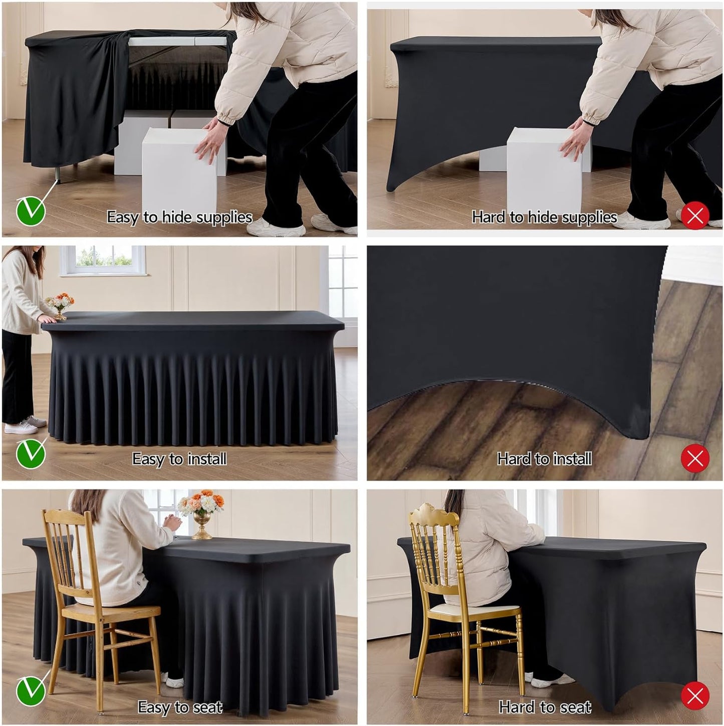 leegleri 8 Pack Black Spandex Table Cloths for 6 Foot Rectangle Tables, Wrinkle Free Stretch Fitted Tablecloths 6ft, Black Banquet Tablecloth with Skirt for Parties Weddings Birthday