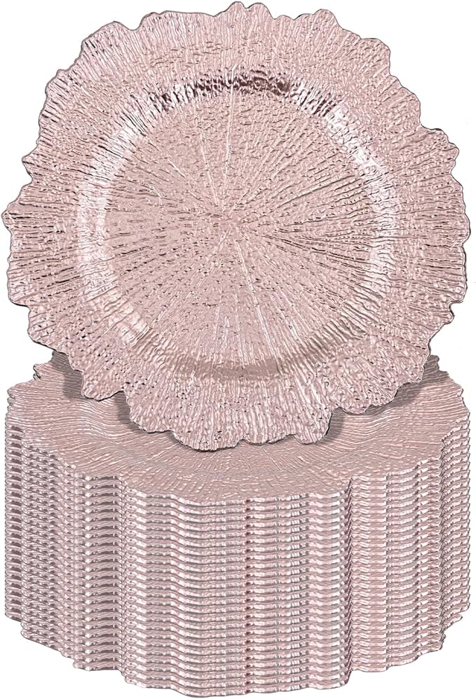 Pesonlook 24Pcs Rose Gold Charger Plates Round 13inch, Reef Plate Chargers for Dinner, Bulk Plastic Floral Table Plates for Dinner Wedding Party Event Table Setting Decoration(Rose Gold)
