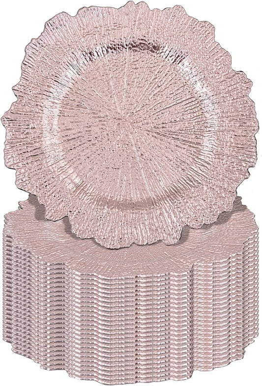 Pesonlook 24Pcs Rose Gold Charger Plates Round 13inch, Reef Plate Chargers for Dinner, Bulk Plastic Floral Table Plates for Dinner Wedding Party Event Table Setting Decoration(Rose Gold)