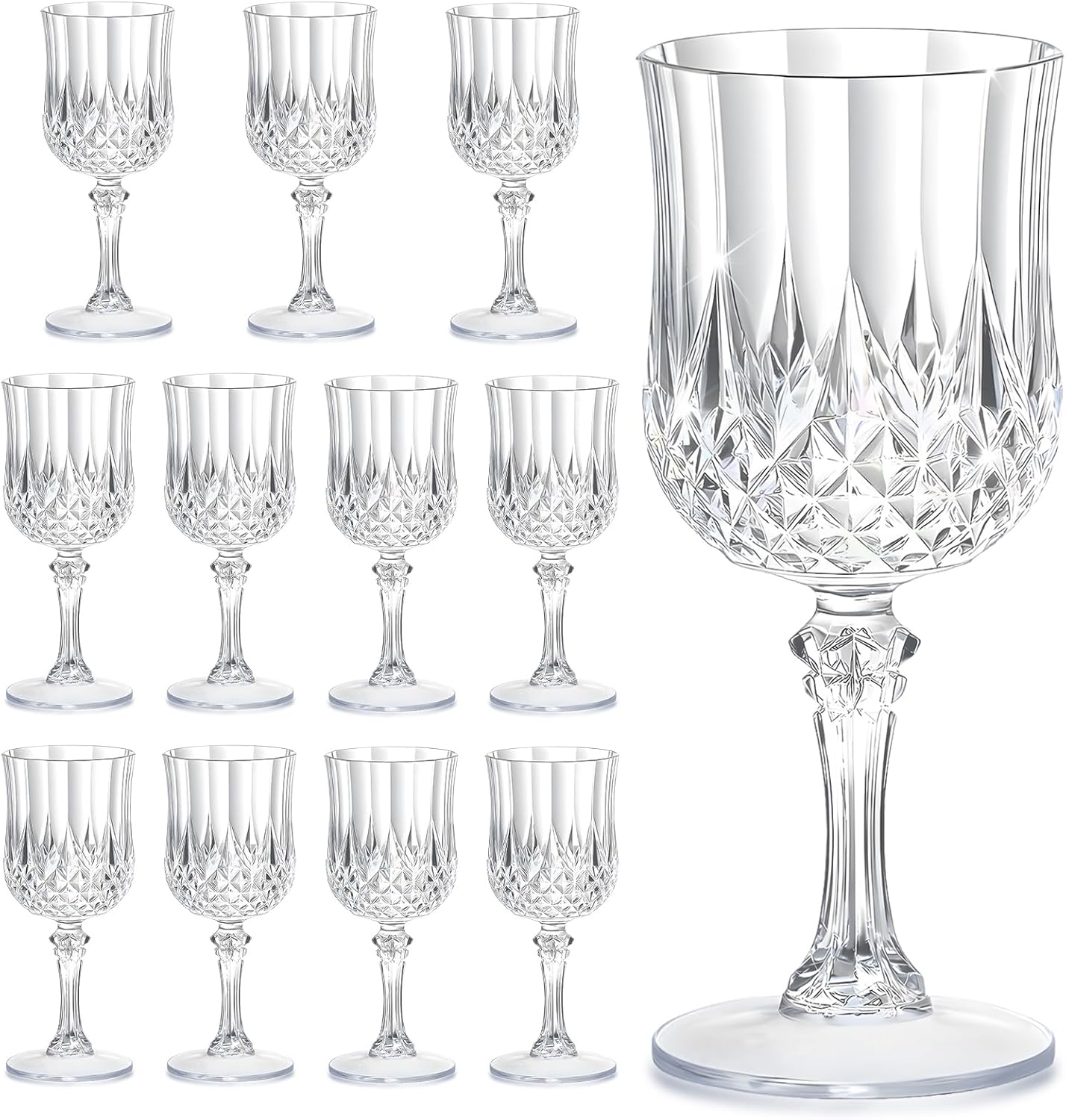 12PCS 7OZ Transparent Wine Plastic Glasses, Drinking Champagne Glasses Flutes Crystal Vintage Water Unbreakable Goblets for Wedding, Parties
