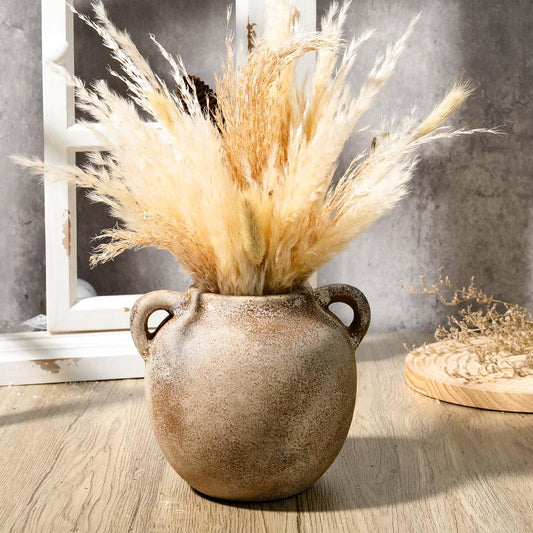 Rustic Ceramic Flower Vase with 2 Handles, Small Decorative Terracotta Boho Vase for Living Room, Table Centerpiece, Shelf Decor, Farmhouse, Entryway - 5.8 Inch Tall, Vintage Gray