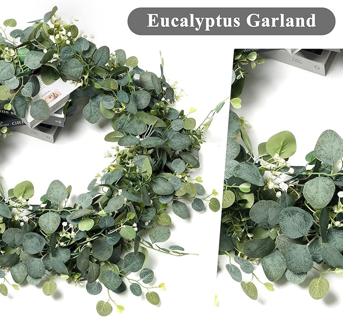 TOCHGREEN 4 PCS Artificial Eucalyptus Garland 5.9FT Faux Silver Dollar Greenery Garland Vines with White Flower Boxwood Fake Hanging Plants for Wedding Home Party Table Mantle Wall Decor