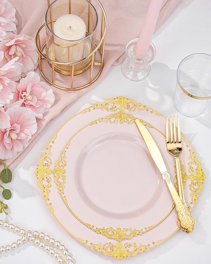 Nervure 100PCS Pink and Gold Plastic Plates - 10.25Inch Pink Disposable Plates - Plastic Dinner Plate for Weddings & Parties & Easter