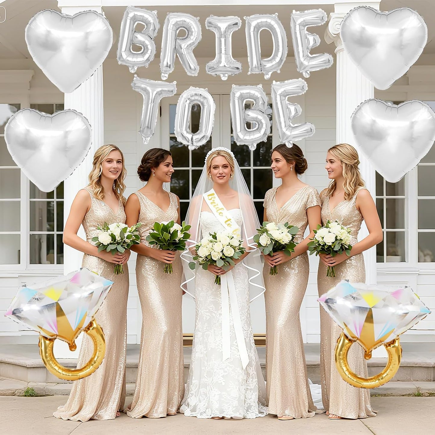 Silver Bachelorette Party Decorations, Silver Bride to Be Banner Heart Balloons with Diamond Ring Foil Balloon, Gold Bride to Be Sash&Veil for Bachelorette Engagement Gift Bridal Shower Party Supplies