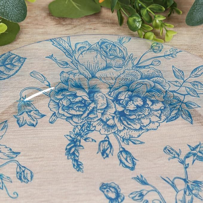 Efavormart 6 Pack Floral Acrylic Charger Plates in French Toile Pattern, Clear Light Blue Round Dinner Charger Event Tabletop Decor - 13"