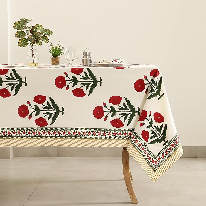 Labhanshi Indian Handblock Print Pre-Washed Cotton Floral 60x90 Inch Rectangle 6-Seater Tablecloth|Rustic Farmhouse Decorative Party Event Wedding Thanksgiving Festive Holiday Decor|Red Poppy