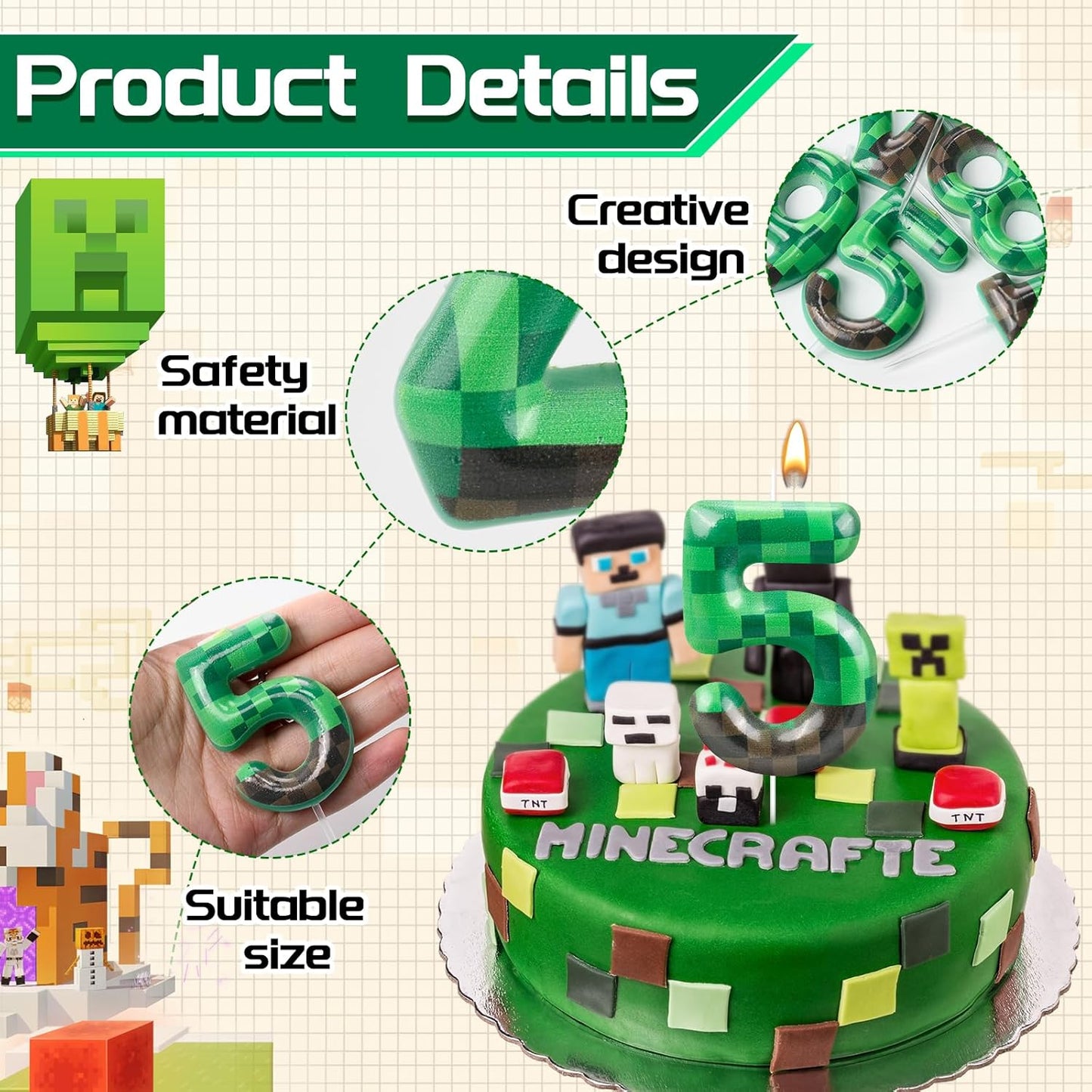 TNT Themed Birthday Cake Candle Number 5 Dynamite Themed Green Candle Birthday Party Decoration Cake Topper for Pixel Theme Birthday Party Anniversary Party Dynamite Party Video Game Party(Number 5)