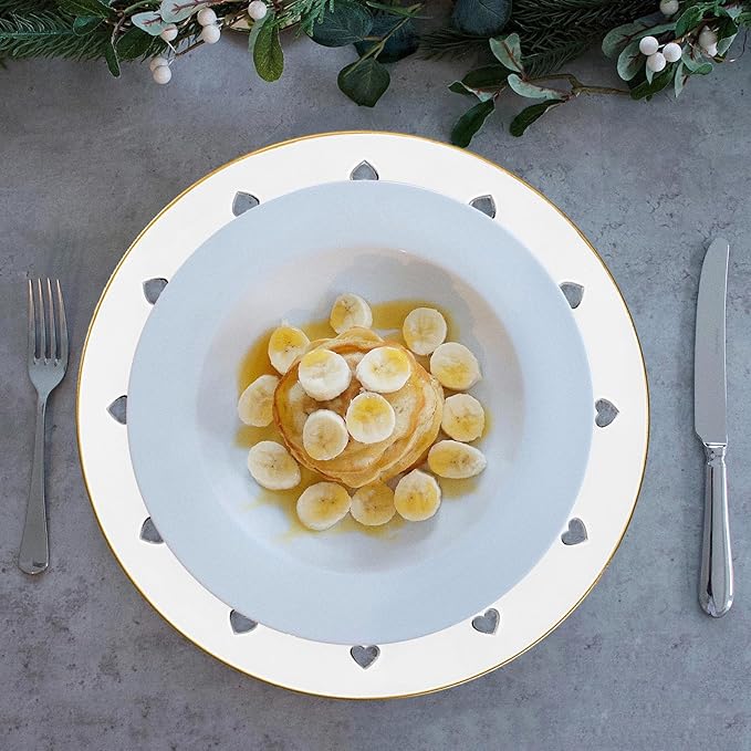 13" Round White Charger Plates, Heart Hollow Chargers for Dinner Plates with Golden Border, Formal Table Setting Accessory Centerpiece Bluk Wedding, Valentine's Day, Galentine's Day, Easter Set of 6