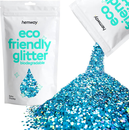 Hemway Eco Friendly Biodegradable Glitter 100g / 3.5oz Bio Cosmetic Safe Sparkle Vegan for Face, Eyeshadow, Body, Hair, Nail and Festival - Extra Chunky (1/24" 0.040" 1mm) - Ocean Blue Holographic