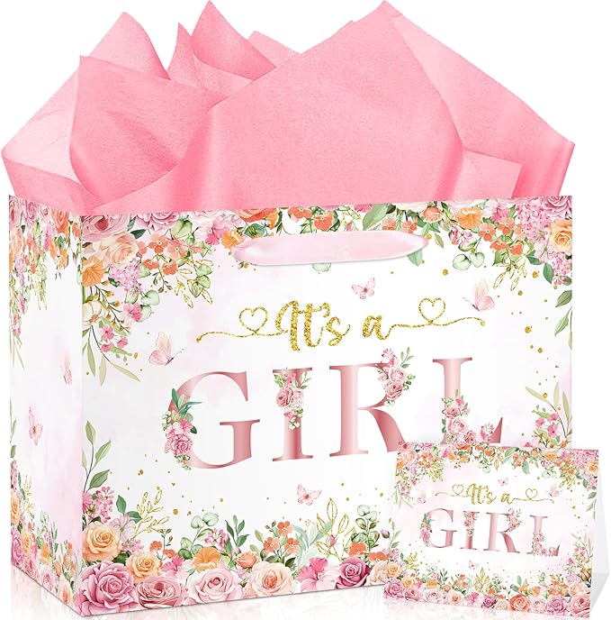 Wayyogh Baby Shower Paper Bag, Rose Gold Floral 'It's a Girl' Gift Bag with Wrapping Tissue Paper, Greeting Card and Handle for Girls' Baby Shower, Birthday Party Favors Decorations Supplies