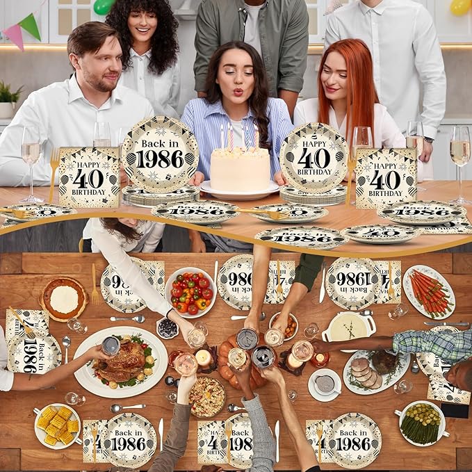 96Pcs 40th Birthday Party Paper Plates and Napkins for Back in 1986 Themed Party Supplies Vintage 40 Year Old Dessert Plates 40th Tableware for Men Women Birthday Gatherings Decorations