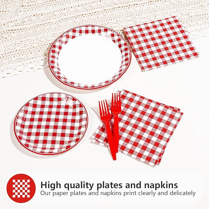 200Pcs Red Gingham Party Supplies Red and White Checkered Buffalo Plaid Plates and Napkins Disposable Gingham Tableware Set for Valentine's Day Picnic BBQ Baby Shower Party Decorations Serves50