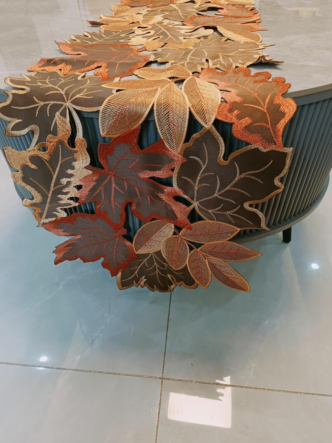 Fall Leaf Embroidered Table Runner 69 Inches for Thanksgiving and Autumn Harvest Decoration (16''x69'', Coffee Colored Maple Leaves)