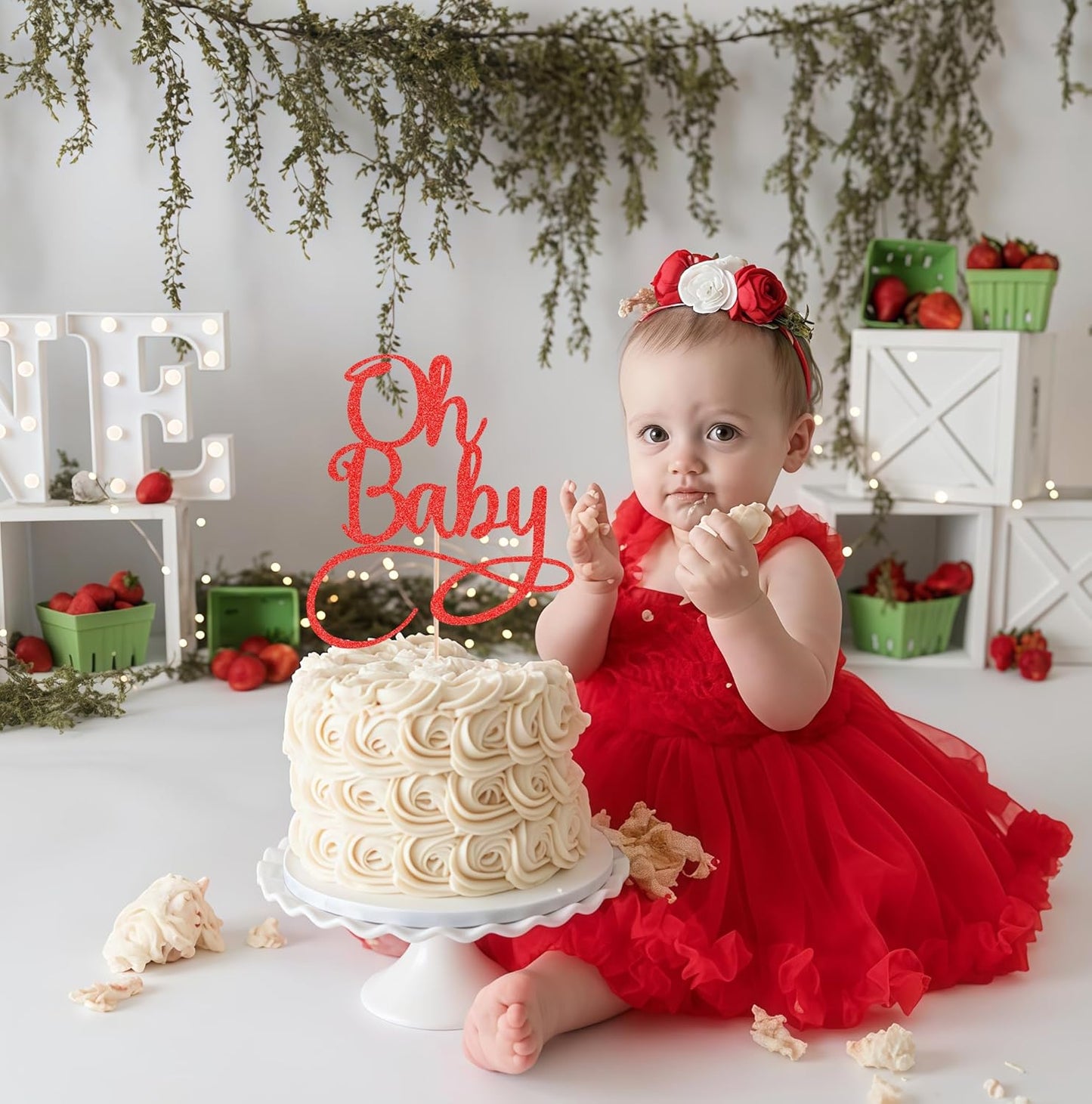 Oh Baby Cake Topper - Red Glitter Baby Birthday Party Cake Decoration Supplies, for Baby Shower/Gender Reveal Party Photo Booth Props