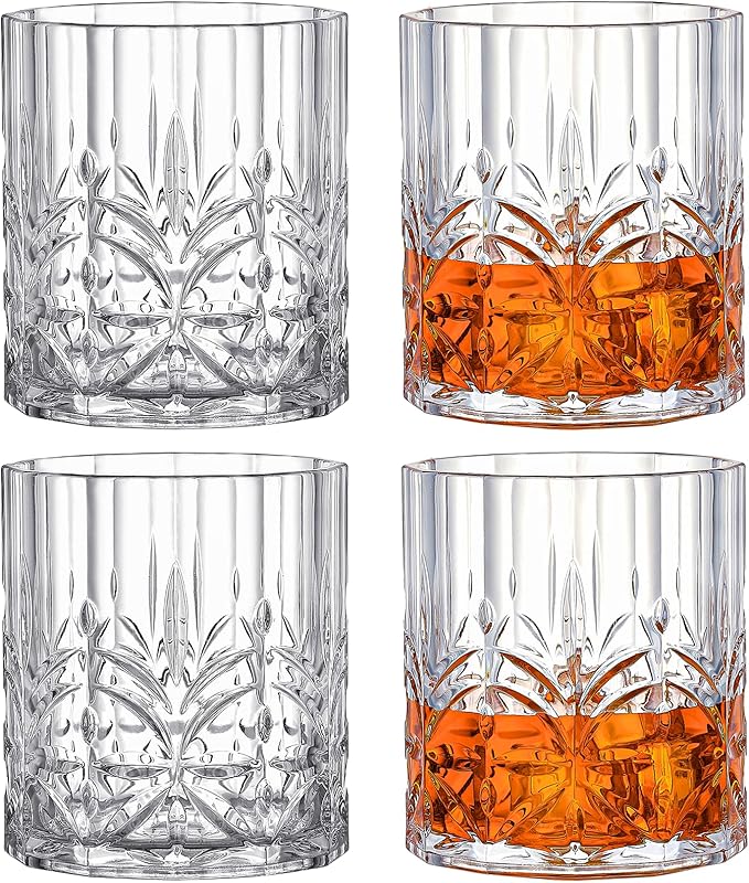 Unbreakable Plastic Whiskey Glasses Set of 6, 14 Oz Old Fashioned Glasses for Scotch Cocktail Rum Bourbon Vodka Liquor, Unique Gifts for Men, Reusable, Clear, BPA-free, Dishwasher Safe