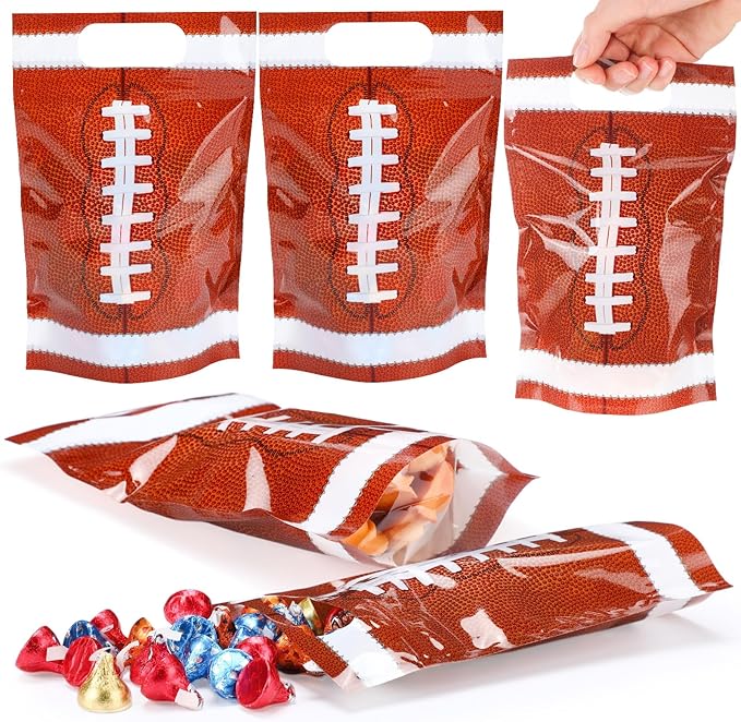 Blosssound 50 Pcs Sport Plastic Bags Clear Football Sealed Pouches with Handles Resealable Football Party Gift Bags for Sports Theme Birthday Party Candy Gift Wrap Supplies Decoration