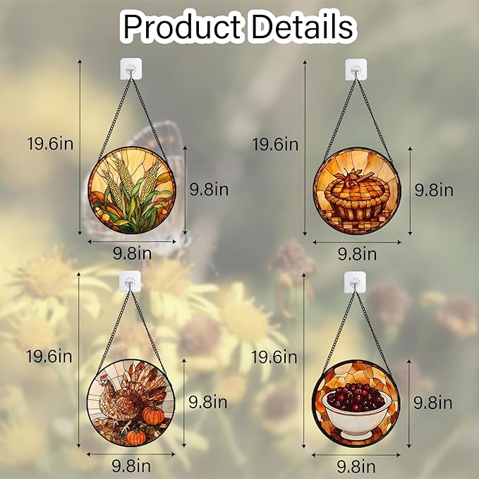 Stained Glass Window Hanging 4 Pcs Set Brown Turkey Berry Corn 9.8" - Suncatcher Door Garden Sun Catcher Decor Birthday Thanksgiving Mother's Day for Mom Woman Nana Men