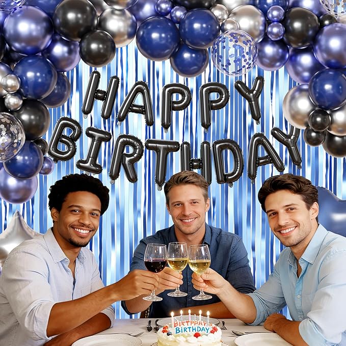 Navy Blue and Black Birthday Decorations for Men, Metallic Navy Blue Black Silver Foil Confetti Balloons Happy Birthday Banner Fringe Curtains Birthday Decorations for Boy Girls Women Men