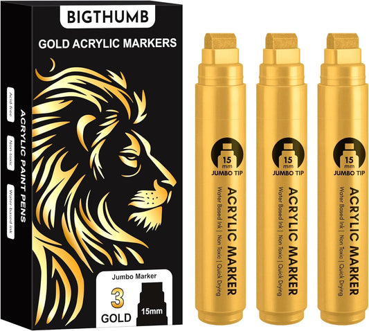 3 Pcs Gold Jumbo Permanent Markers: 15mm Wide Tip Thick Acrylic Paint Pen Large Calligraphy Marker for Rock Painting, Poster, Sign, Canvas, Glass, Wood, Ceramic