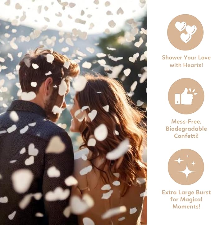 White Biodegradable Heart Confetti Poppers Confetti Cannon | 6 Pack | Party Poppers Decoration for Valentine's Day, Wedding, Bridal Shower | Wedding Supplies Party Favors | 12 in | TUR Party Supplies