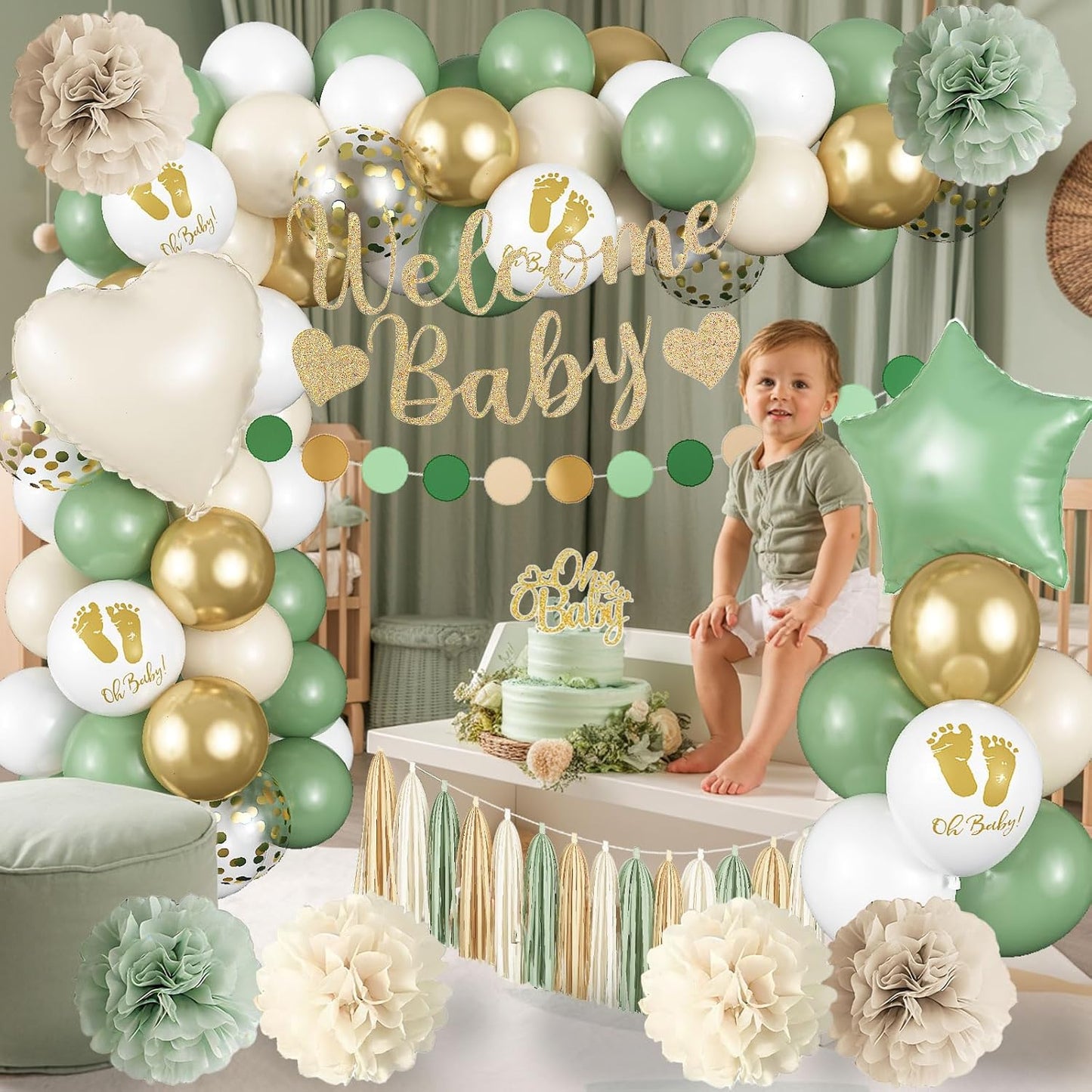 Sage Green Baby Shower Decorations, Welcome Baby Banner Olive Green Gold White Sand Confetti Latex Foil Balloons with Oh Baby Cake Topper Pom Poms Tassels for Boho Neutral Gender Reveal Party Supplies