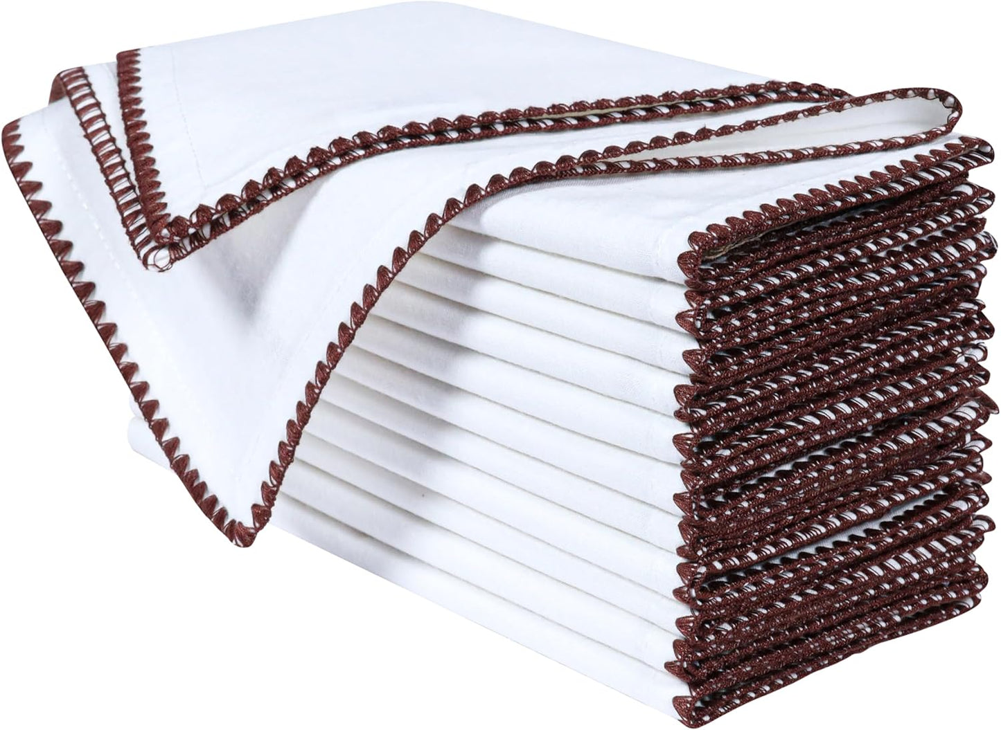 Bedding Craft Cotton Cloth Dinner Napkins Set of 12 – 18x18 Hot Chocolate Brown with Colored Edge Embroidery – Elegant Washable Wedding Napkins for Dining, Parties & Table Settings