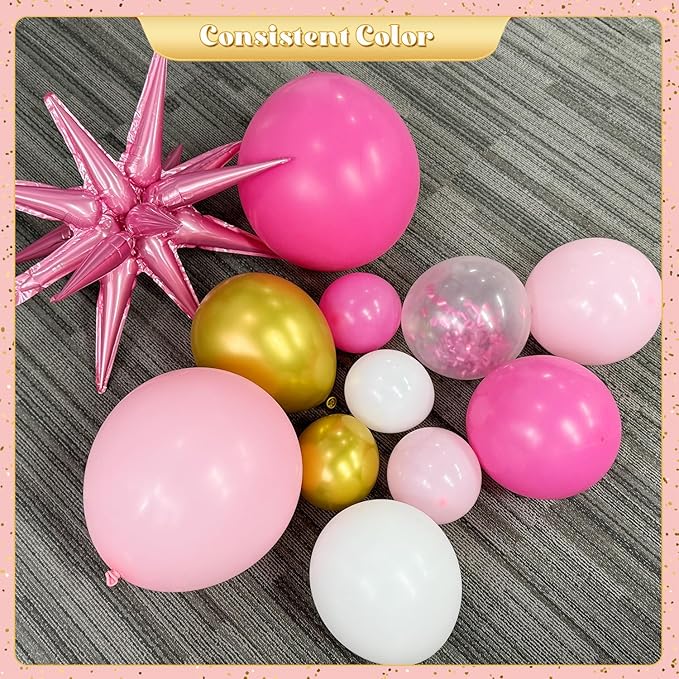 Pink White Gold Balloon Garland Arch Kit, 140Pcs Hot Pastel Pink Gold White Confetti Balloons With Stars for Birthday Wedding Birdal Shower Gender Reveal Graduation Party Decorations