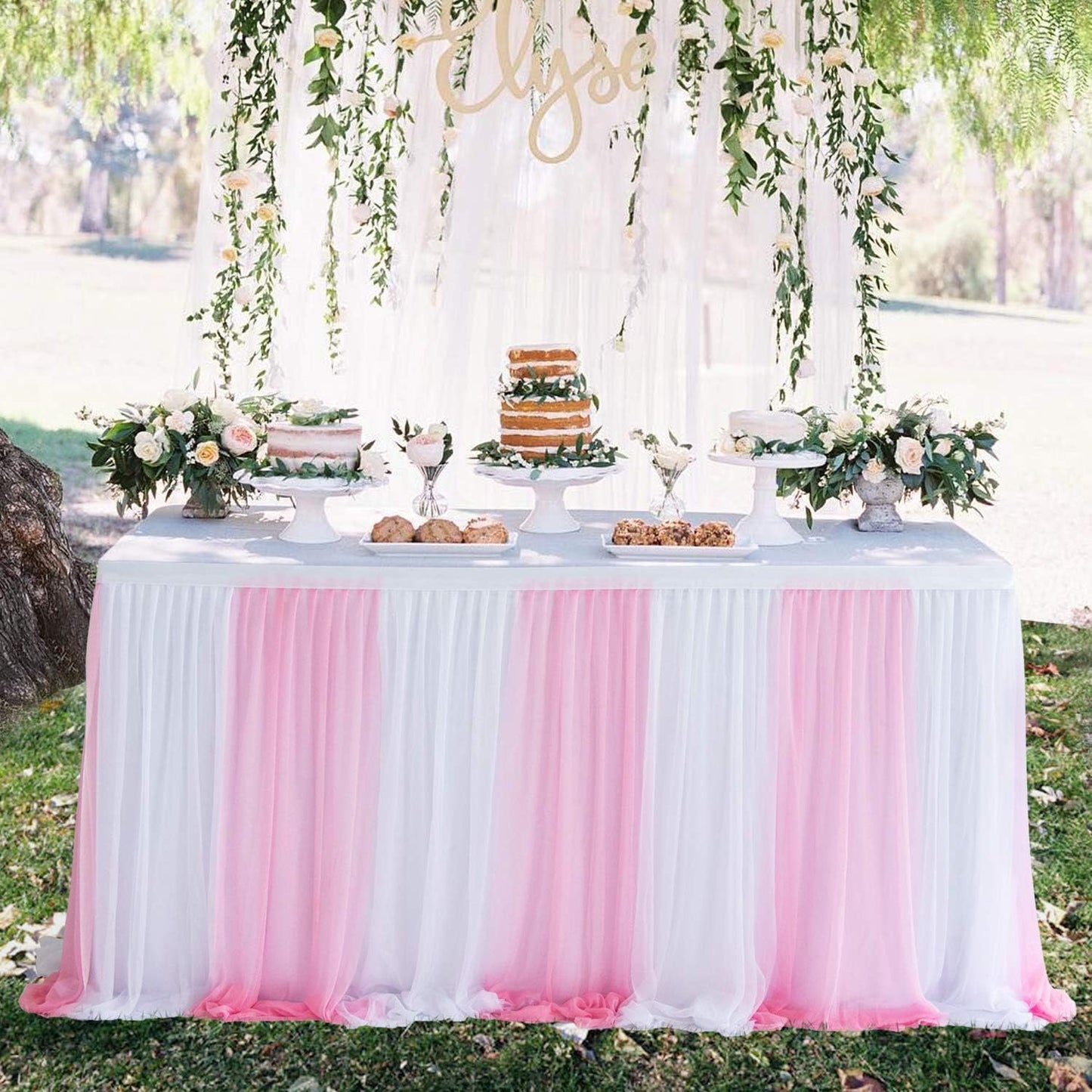 Suppromo Pink Table Skirt 14ft Tutu Tulle Tablecloth for Baby Shower Girl Birthday Party Bridal Shower Wedding Cake Dessert Buffet Banquet Table Decorations