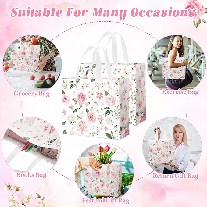 Abbylike 30 Pack Pink Floral Theme Reusable Gift Bag Bulk Large Flower Print Shopping Bag Tote Non Woven Tote for Wedding Birthday Baby Shower Family Holiday Travel, 12.2 x 11.02 x 4.72 Inches