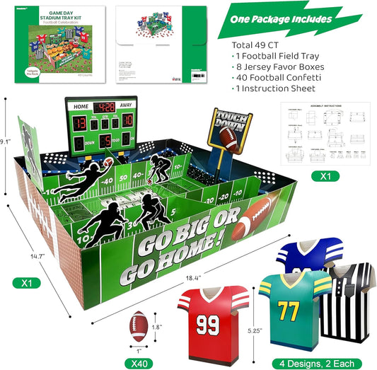 49-Piece Football Stadium Food Tray Kit – Paper Snack Boxes, Confetti and Large Stadium Tray for Game Day, Tailgate, Superbowl and Sports Party Supplies