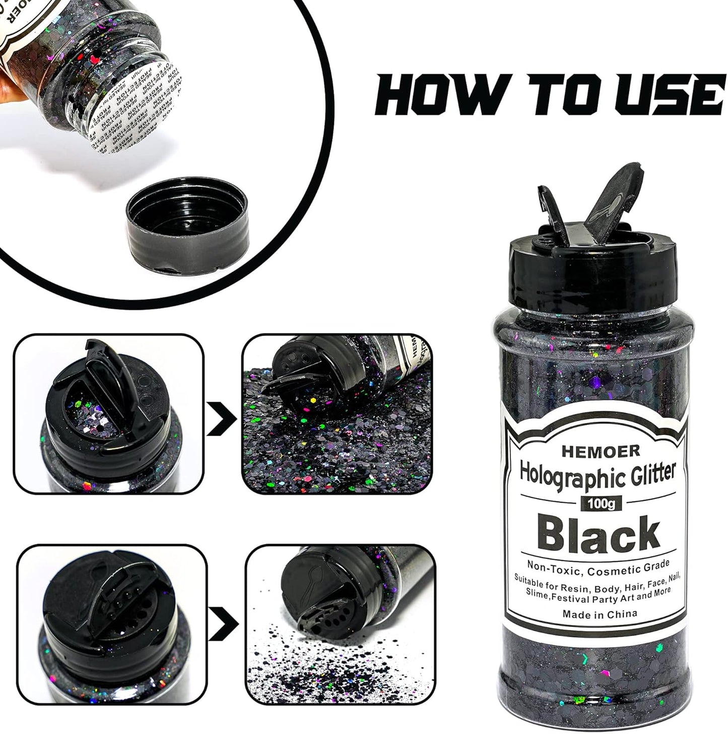HEMOER Black Glitter, 100g/3.5oz Holographic Chunky Glitter Mixed Hexagon Chunky & Fine Flakes Iridescent Sequins for Epoxy Crafts, Resin, Nail Body, Tumblers, Festival Party