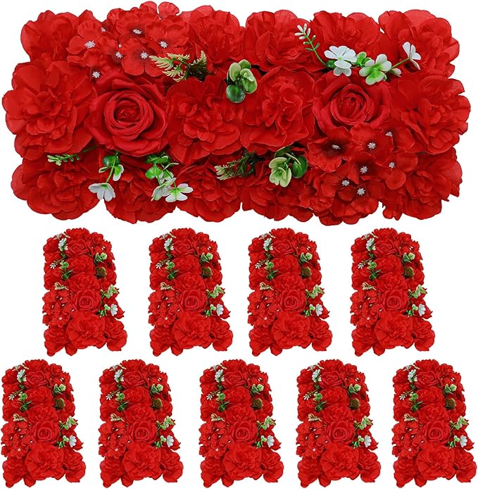 Wedding Arch Artificial Flowers Panels- 10Pack Faux Floral Swags Rose Silk Realistic Arch Faux Hydrangea Row Arrangement for Romantic Event Wall Reception Ceremony Welcome Sign Decor-Red