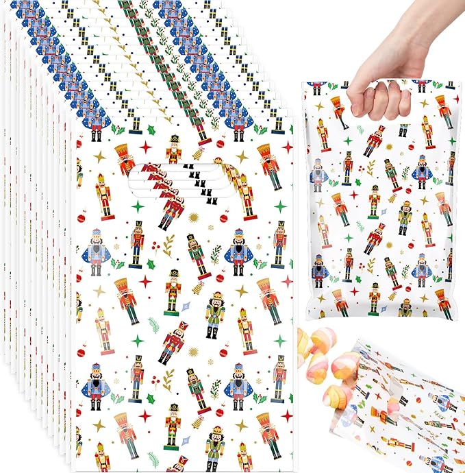 Supervitae 100 Pcs Christmas Nutcracker Plastic Gift Bags Bulk Xmas Party Favor Bags with Handles for Holiday Birthday Wedding Snacks Goodie Candy Treat Party Supplies, 9.84''x6.5''
